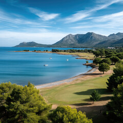 Obraz premium Golf course sea mountain coastline blue sky green grass trees boats scenic tranquil