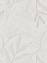 Fototapeta premium Seamless vintage nature wallpaper design featuring a floral pattern of olive tree branches and plant leaf silhouettes in a vector art illustration for retro spring decoration