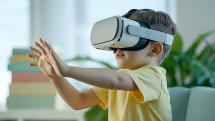 Asian girl wearing VR headset and raising hands, experiencing virtual reality. Concept of child using immersive technology, digital learning, gaming, creativity and future innovation.