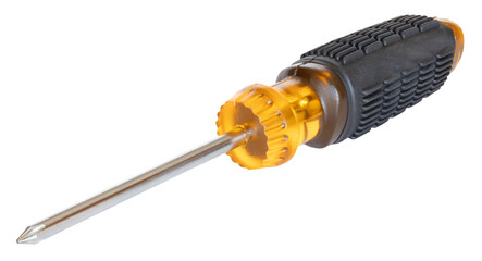 Long cross headed screwdriver with yellow handle isolated