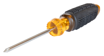 Long cross headed screwdriver with yellow handle isolated