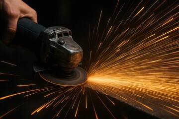 Hand holding angle grinder tool cutting metal, creating a shower of bright orange sparks on a dark background