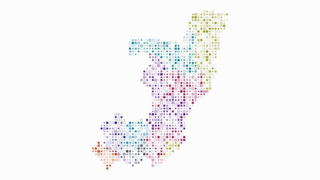 Republic of the Congo map animation. Shape of the country with pulsating colored dots. Small size rounded square blocks. Digital style Republic of the Congo map on white background. Amazing video.