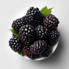 Fresh blackberry fruit in white bowl with green leaf, top view, isolated on white background, healthy organic food, juicy and vibrant