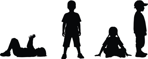 children silhouette poses collection, kids standing sitting lying isolated, playful childhood activity figures for education design illustration branding