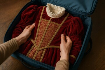 Obraz premium Person packing a red velvet period costume with gold trim and a ruffled collar into an open blue travel suitcase