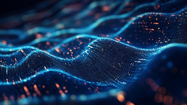 An abstract digital wave pattern with glowing blue and orange particles - Powered by Adobe