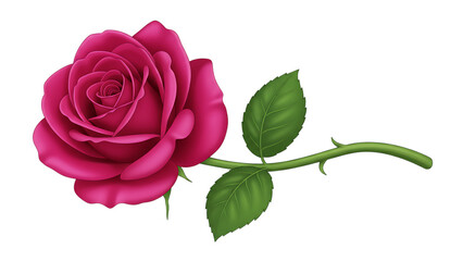 A beautiful single pink rose with a green stem and leaf is isolated on a white background, symbolizing love and romance as a perfect floral gift for a Valentine anniversary