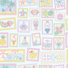 Seamless Vintage Summer Postage Stamp Pattern with Coastal and Beach Icons