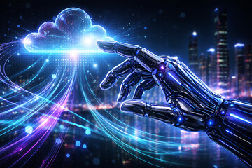 Futuristic Holographic Robotic Hand with Cloud Technology and Data Streams in a Cityscape