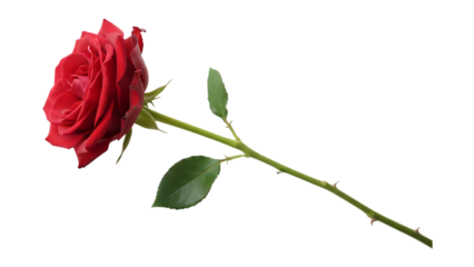 A single beautiful red rose blossom with a green leaf and stem isolated on a white background, representing a natural floral gift of love and romance for Valentine's Day
