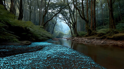 Bioluminescent forest creek glowing blue at twilight, surrounded by tall trees and lush green foliage, tranquil and magical atmosphere