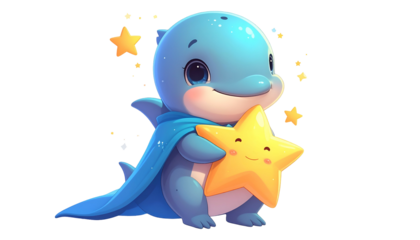 Adorable cartoon dolphin, wearing a blue cape, embracing a cheerful yellow star