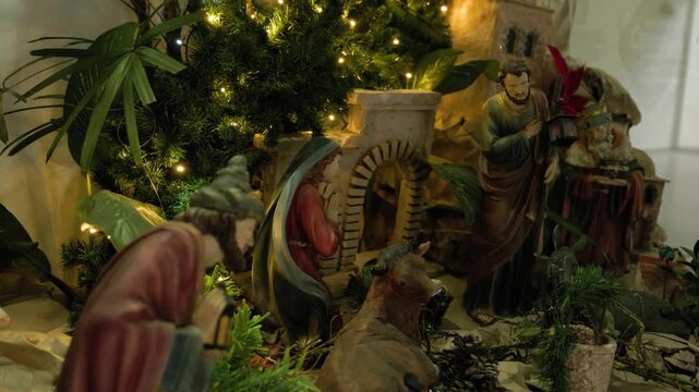 **Title**
Christmas Pesebre Nativity Scene with Holy Family Figurines, Indoor Home Decoration, 4K 60fps Video Footage
