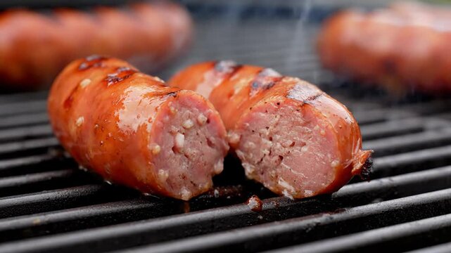 Grilling juicy sausage split on barbecue grate close-up with smoke