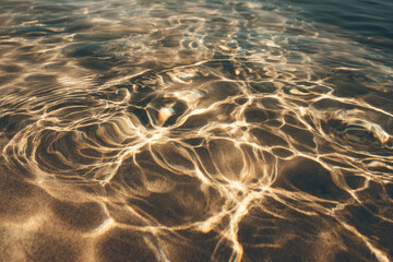 Water caustics overlay create mesmerizing patterns on sandy surface beneath clear shallow sea evoking tranquil and peaceful atmosphere with natural sunlight reflections