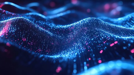 Dynamic digital wave pattern with vibrant blue and purple lights flowing across a futuristic surface