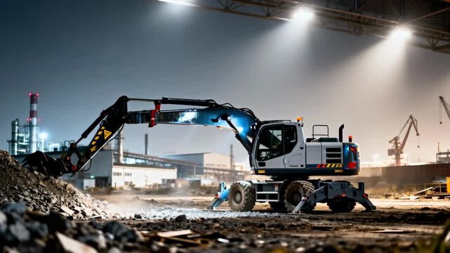 Medium shot of an advanced telehandler showcasing its highreach boom extended over rough terrain in an industrial site.