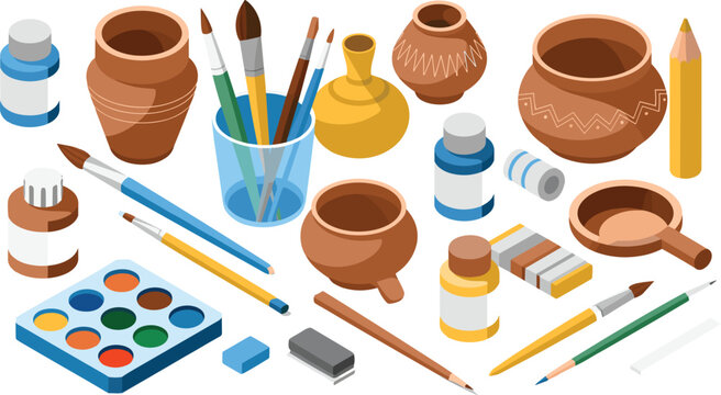 Isometric art supplies illustration with pottery paint brushes pencils palettes and craft tools creative studio concept isolated