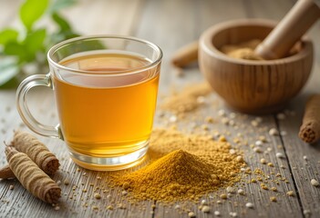 Warm golden turmeric tea with powdered spice and roots on a rustic wooden table. ashwagandha tea