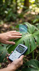 carbon dioxide sustainability monitoring concept. Examining a plant with a device in a lush environment.