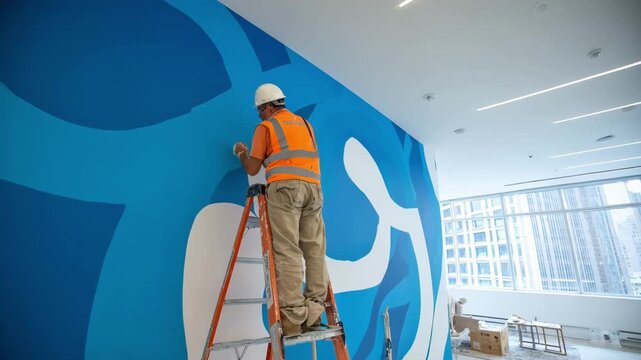 Midshot of a worker installing large custom wall decals in a modern office space highlighting the creative design process and clean application.