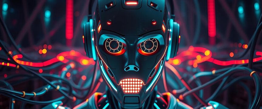 Mysterious robot with illuminated face, surrounded by data cables,  circuit board,  futuristic - Powered by Adobe