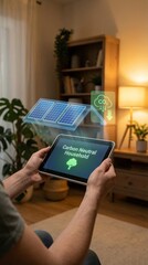 carbon dioxide sustainability monitoring concept. A person using a tablet to explore carbon neutrality at home.