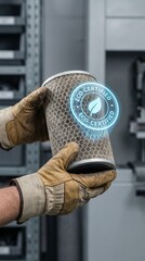 carbon dioxide sustainability monitoring concept. Holding an industrial filter in protective gloves.