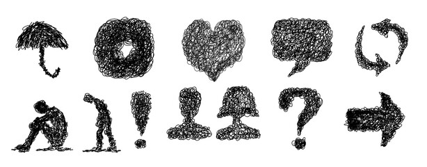 Hand-drawn scribble icons and silhouettes set including a heart, umbrella, speech bubble, arrows, and human figures expressing emotions sadness and contemplation.