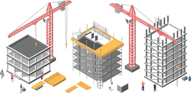 Isometric construction site illustration with tower cranes building structures workers and materials urban development architecture industry concept