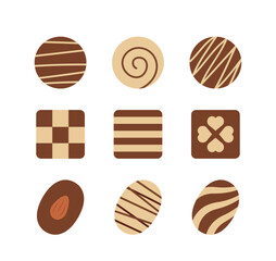 A collection of gourmet chocolate truffles with various patterns including swirls, stripes, and hearts. Elegant flat vector icons perfect for dessert menus, gift boxes, and Valentine's Day designs.