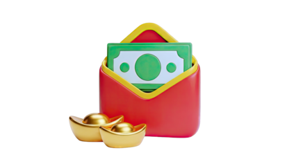 Red Envelope with Money and Gold Ingots