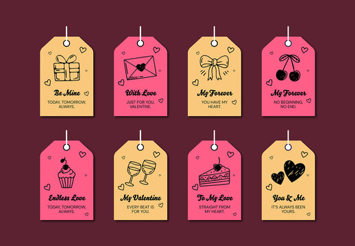Cute Valentine Gift Tag Template Set with Hand Drawn Love Icons and Romantic Quotes Design