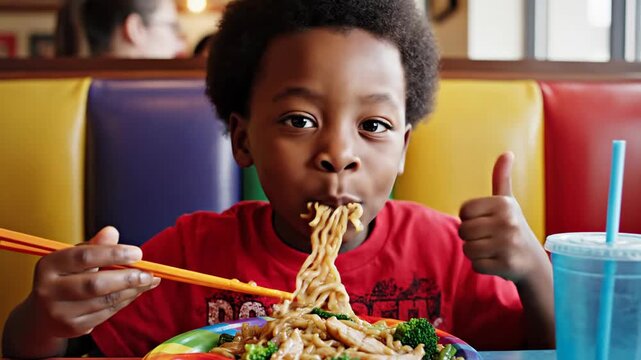 Young person eating noodles with chopsticks at table