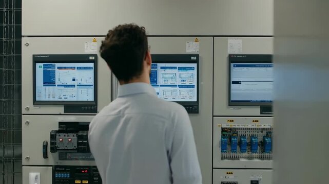 Medium shot of a professional adjusting control panels integrating AI and sensor data streamlining energy consumption in a commercial building for greener operations.