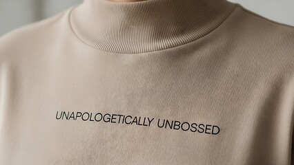Beige turtleneck sweater with unapologetically unbossed text