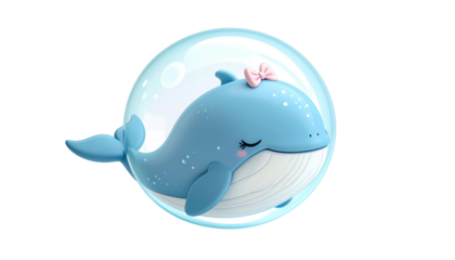 3D cartoon blue whale with pink bow and closed eyes, inside a clear bubble