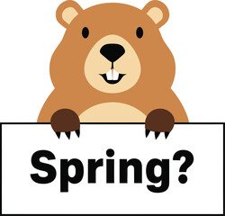 Cute bear holding spring sign with question mark on white background