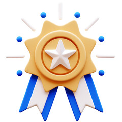 3D Illustration of a gold award medal with a white star, blue ribbons and highlights. Symbolizes achievement, quality, recognition, and success.