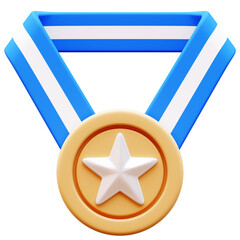 3D Illustration of a Golden Medal with White Star and Blue Ribbon. Symbol of victory, achievement, success, award, or recognition. Isolated on white background.