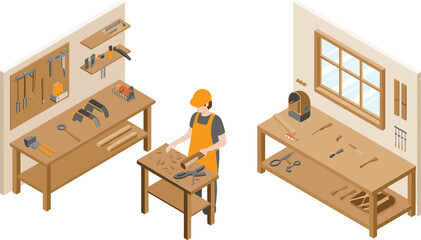Isometric woodworking workshop illustration with carpenter tools workbench and craftsman creating wooden furniture in professional carpentry studio