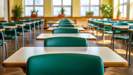 Empty classroom with desks and chairs in school
