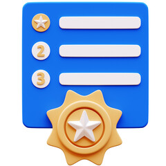 3D Illustration of a blue ranking list with gold star badge, numbers 1, 2, 3. Concept of quality, rating, feedback, best choice, top position, survey, and competition.