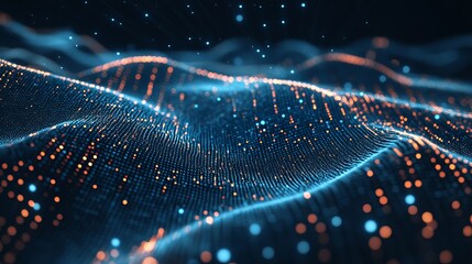 Abstract digital background with flowing waves of data points and glowing particles on a dark background