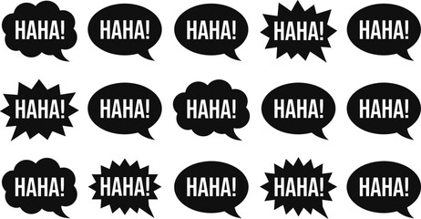 Haha speech bubble silhouettes set, comic laughter text balloons, funny expression icons, humor and reaction design elements, black vector illustration