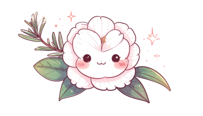 Cute cartoon flower with kawaii face, blush, leaves, and shimmering details