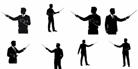 Collection of eight black silhouettes showing men giving presentations or lectures, holding pointers, suitable for business, education, or communication design.