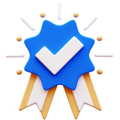 3D Illustration of a blue verified badge with white checkmark, ribbons and decorative elements. Symbol for social media, authentication, credibility, and recognition.
