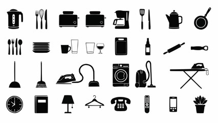 Collection of Household Appliances and Everyday Home Items Silhouettes.
